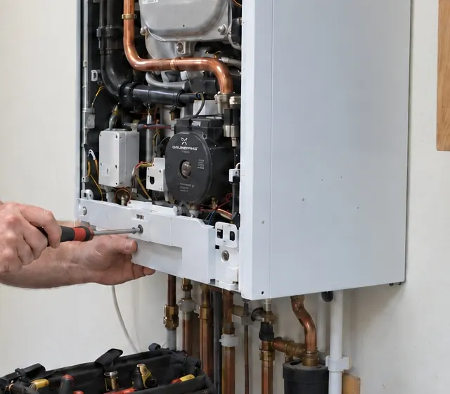 John working on the internal components of a wall-mounted boiler