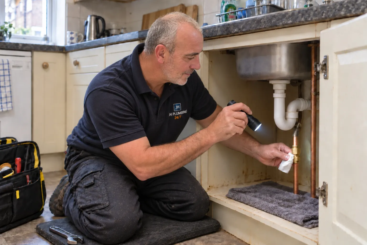 John Hargreaves checking a leaking pipe joint under a kitchen sink